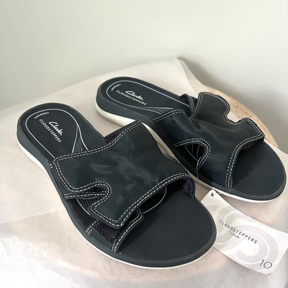 Clarks Glide Bay Cushioned Adjustable Slides Sandals, Navy NWOB - Picture 2 of 6